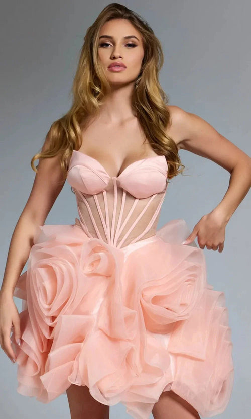 Jovani 40345 – Strapless Corset Dress with Rosette Skirt