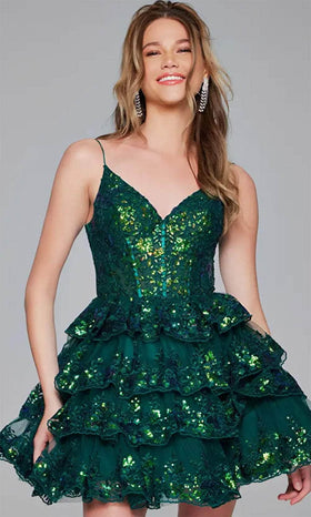 Jovani 40382 Emerald Green Short Prom Dress with Spaghetti Straps