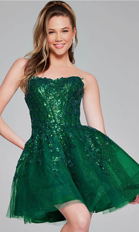 Jovani 40385 Strapless Glitter Emerald Green Short Ptom Dress