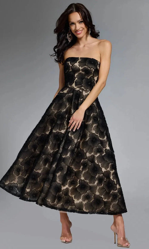 Strapless Floral Embroidered Tea-Length Dress from Jovani