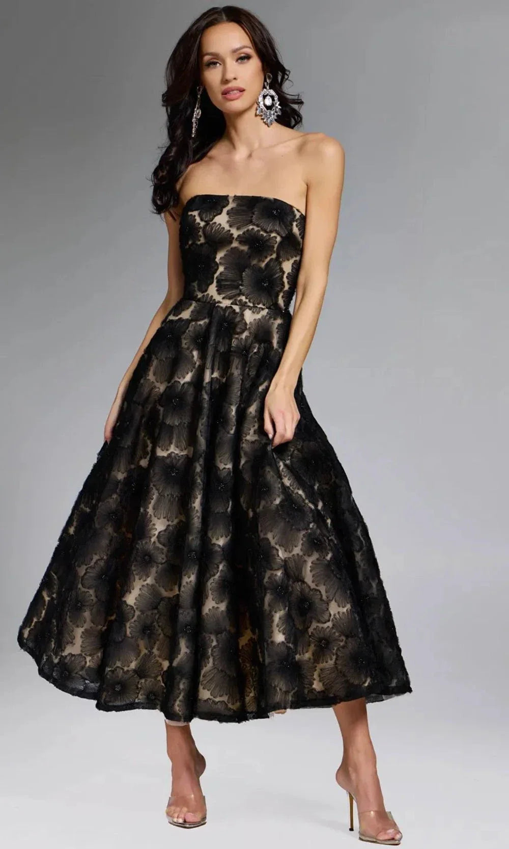 Strapless Floral Embroidered Tea-Length Dress from Jovani