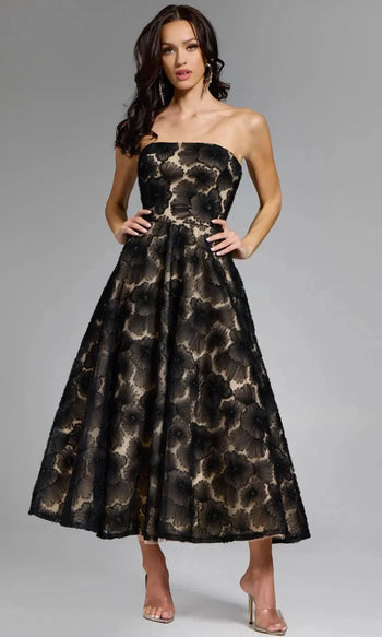 Strapless Floral Embroidered Tea-Length Dress from Jovani