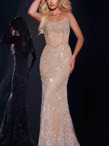 Jovani Champagne Prom Dress Beaded Mermaid Formal Evening Gown 42229
