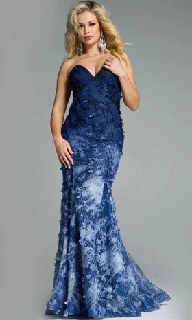 Strapless Lace Mermaid Gown with Floral Lace Appliques By Jovani 42740