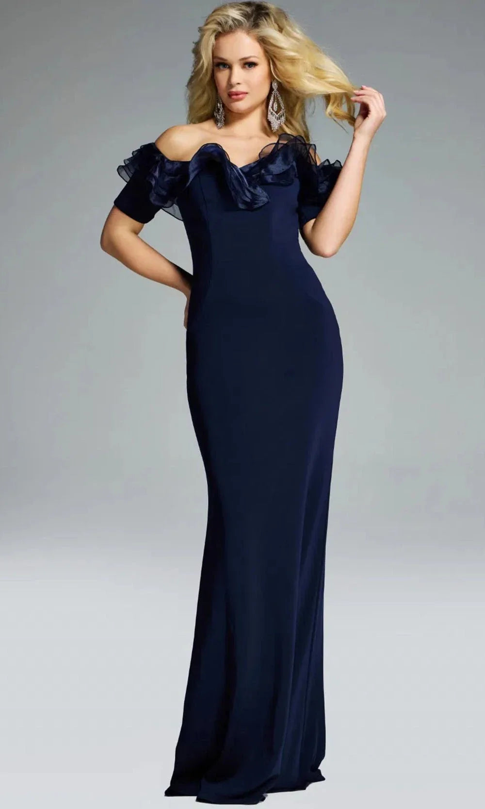 Off-Shoulder Navy Gown with Ruffle Detail by Jovani