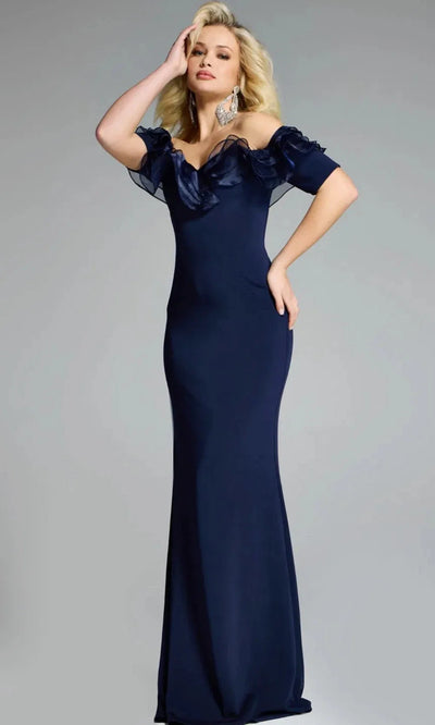 Off-Shoulder Navy Gown with Ruffle Detail by Jovani