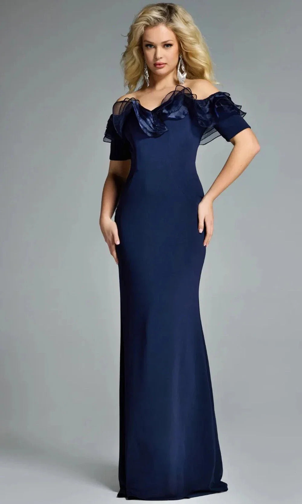 Off-Shoulder Navy Gown with Ruffle Detail by Jovani