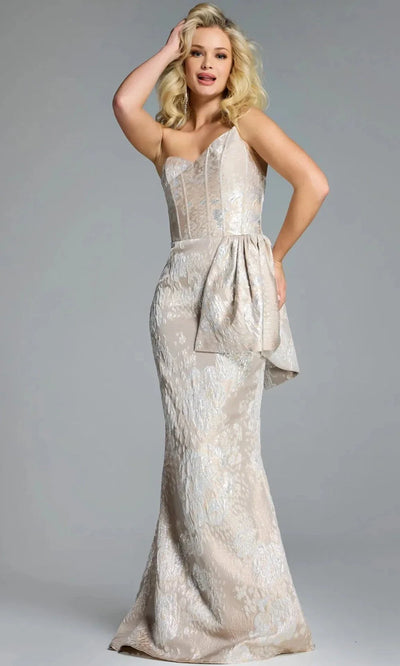 Jovani 43671 - Elegant Strapless Brocade Gown with Peplum