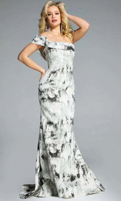 Textured Off-Shoulder Flared Gown by Jovani
