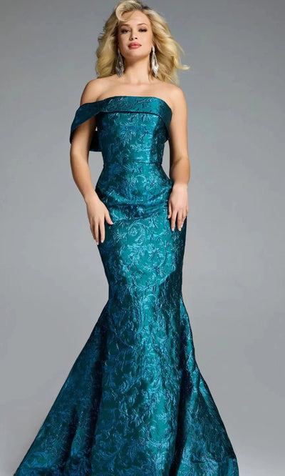 Jovani 43978 - Off-Shoulder Floral Brocade Mermaid Gown