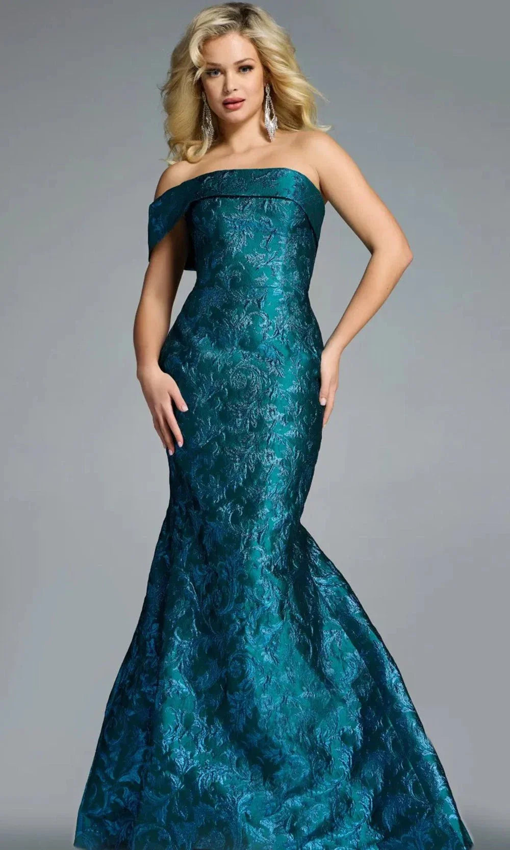 Jovani 43978 - Off-Shoulder Floral Brocade Mermaid Gown