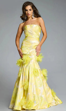 Strapless Mermaid Gown with Straight Neck Floral Appliques By Jovani 44351
