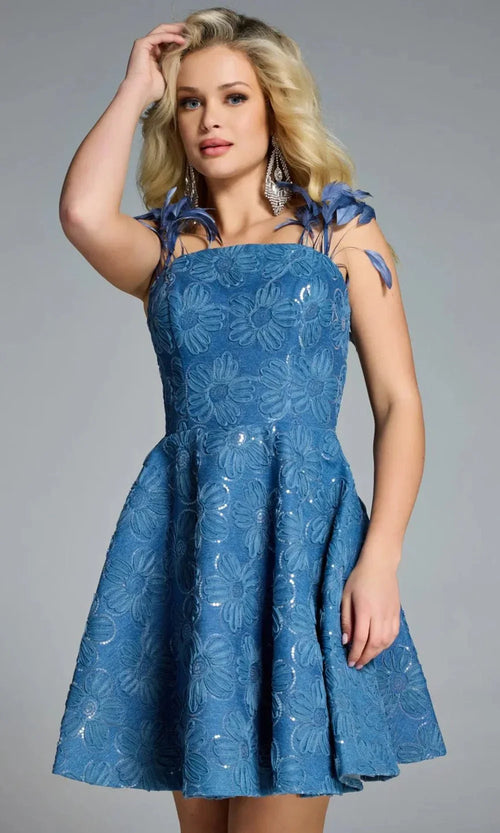 Floral Feather-Accent A-line Dress in Blue By Jovani 44461