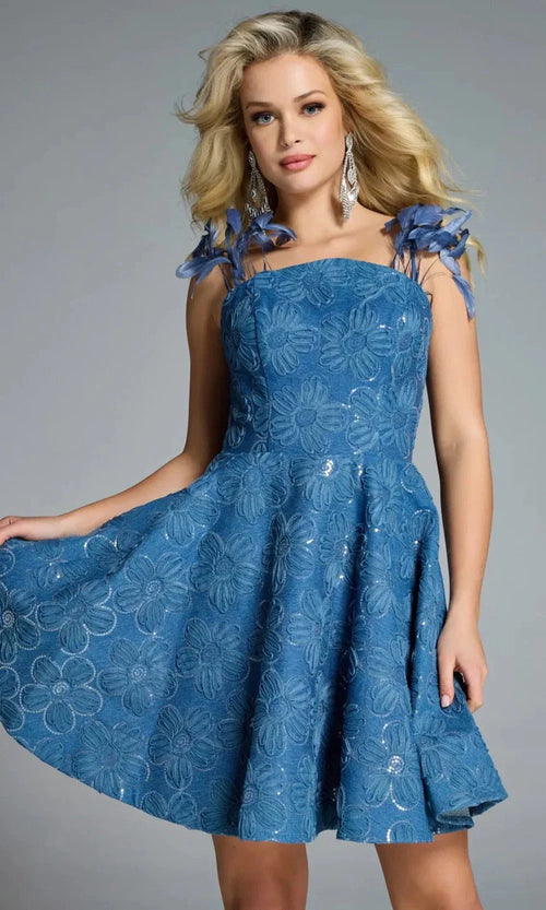 Floral Feather-Accent A-line Dress in Blue By Jovani 44461