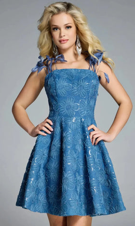 Floral Feather-Accent A-line Dress in Blue By Jovani 44461