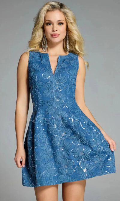 V-Neck Denim A-Line Sleeveless Short Dress By Jovani 44463