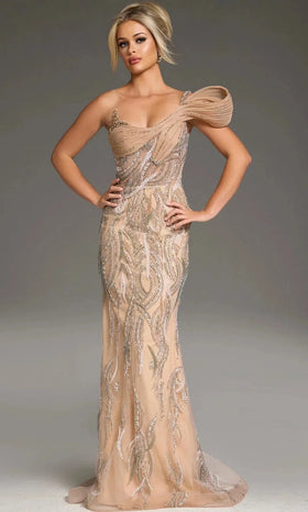 Champagne Sculpted One-Shoulder Evening Gown By Jovani 45073