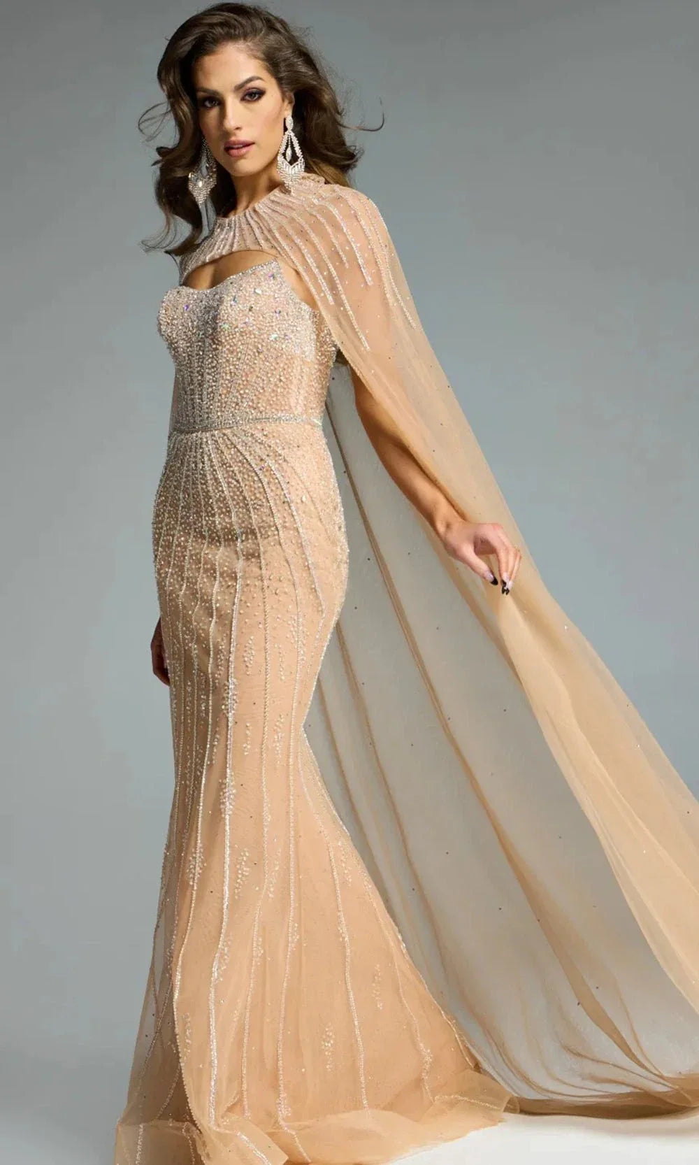 Beaded Bodice High Neck Gown with Cape By Jovani 45077