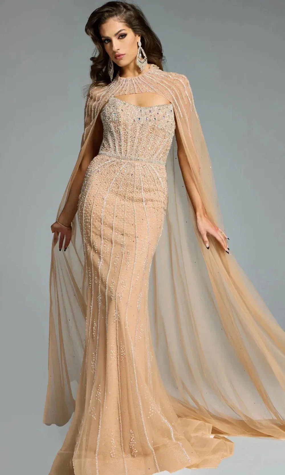 Beaded Bodice High Neck Gown with Cape By Jovani 45077