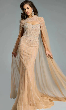 Beaded Bodice High Neck Gown with Cape By Jovani 45077