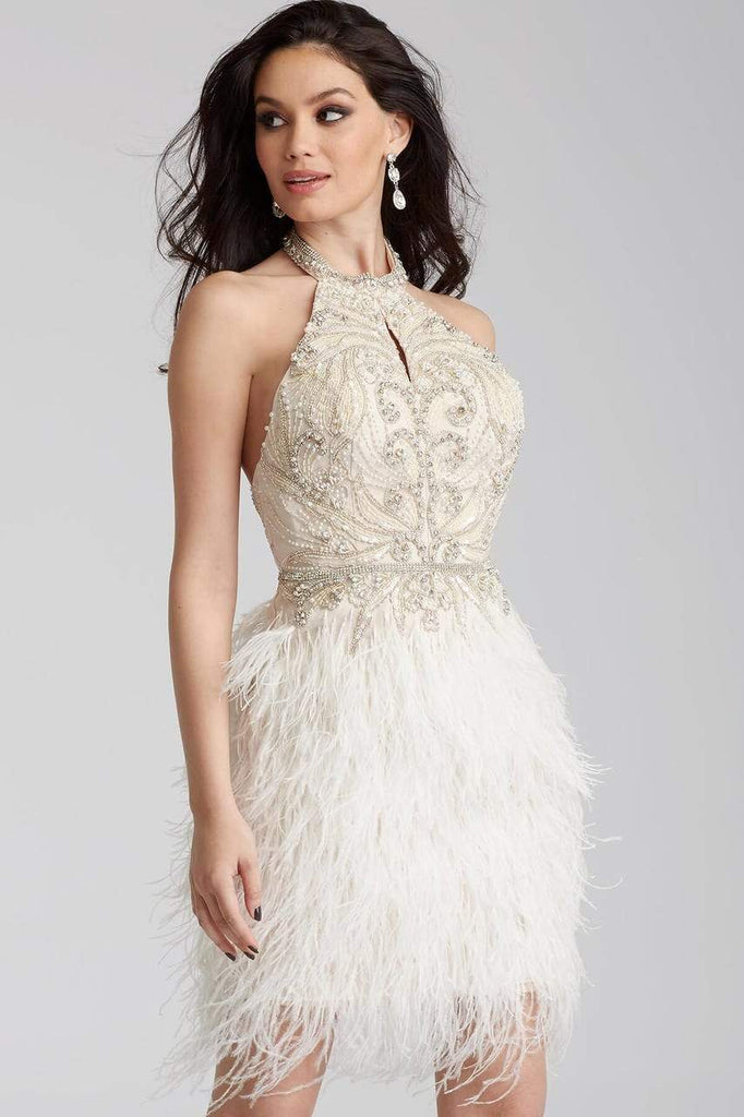 Jovani - 45547 Cocktail Dress with Beaded Halter and Feather Fringes - Prom