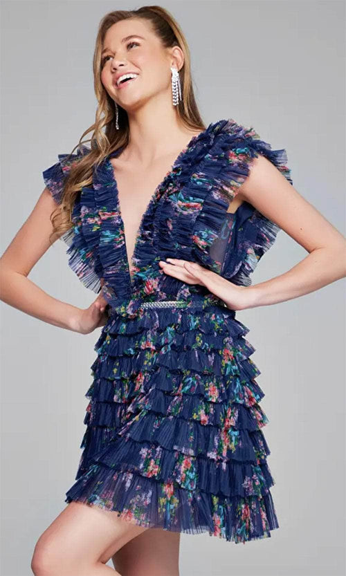 Jovani 50069 - Ruffled Cocktail Dress with Plunging Neckline - Prom