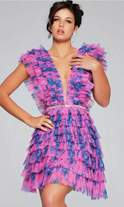 Jovani 50069 - Ruffled Cocktail Dress with Plunging Neckline - Prom