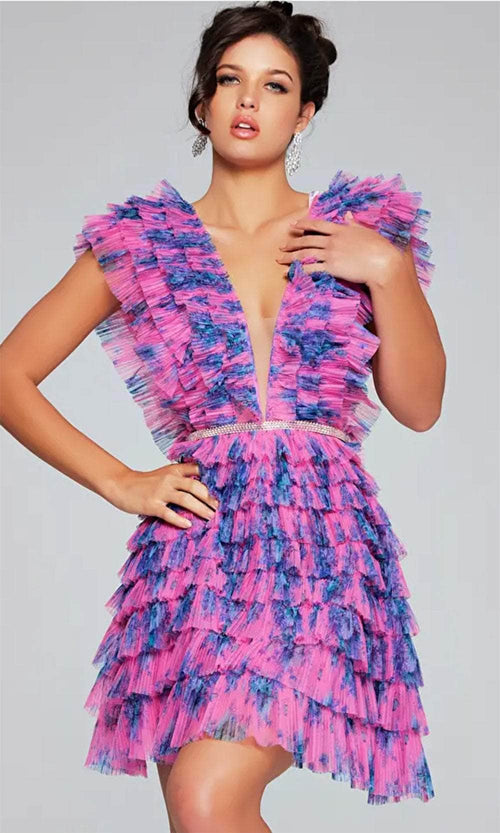 Jovani 50069 - Ruffled Cocktail Dress with Plunging Neckline - Prom