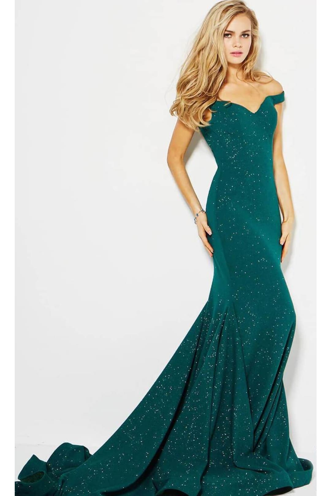 Jovani 55187 Mermaid Gown with Off-Shoulder Glittered Design - Prom