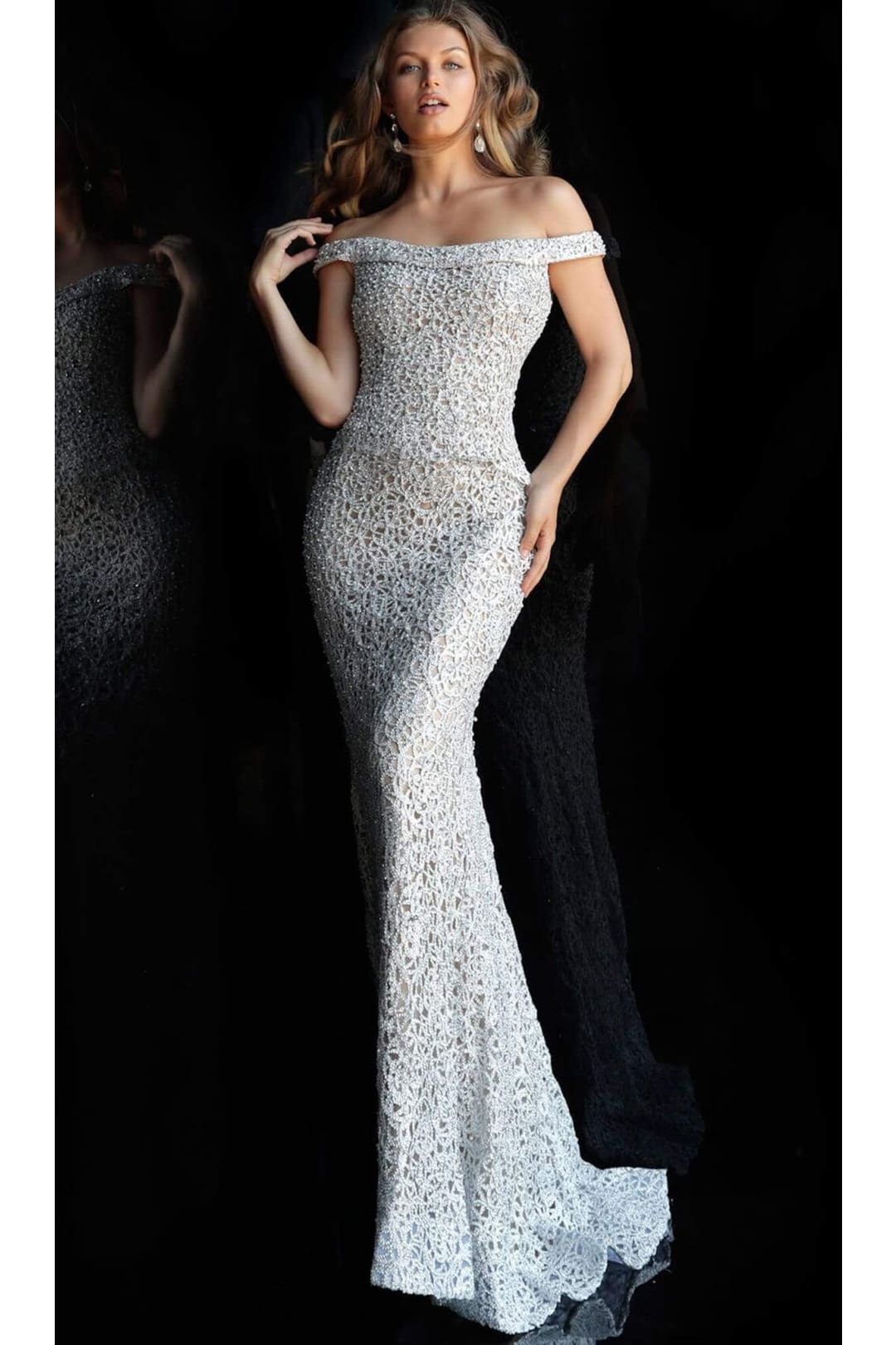 Jovani 61357 Long Gown with Off-Shoulder Textured Lace - Prom