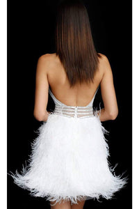 Jovani - 62303 Plunging Halter Cocktail Dress with Open Back and Fringes - Off White/Silver / 00 - Prom