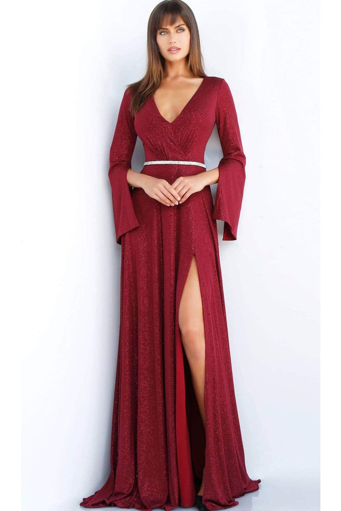 Jovani 63124 - Glitter Gown with Split Long Sleeves and High Slit - Prom