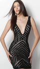 Jovani 63899 - Deep V-Neck Sequined Sheath Cocktail Dress - Prom