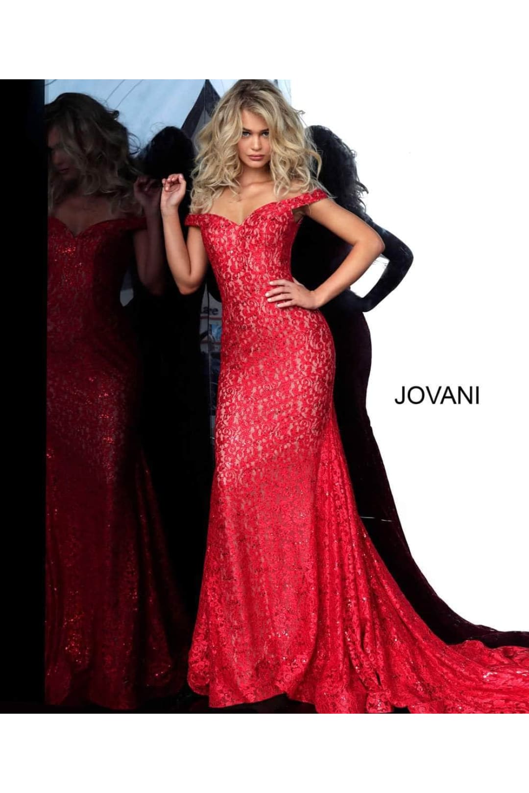 Jovani 64521 Mermaid Dress with Lace Off-Shoulder Design and Train - Prom