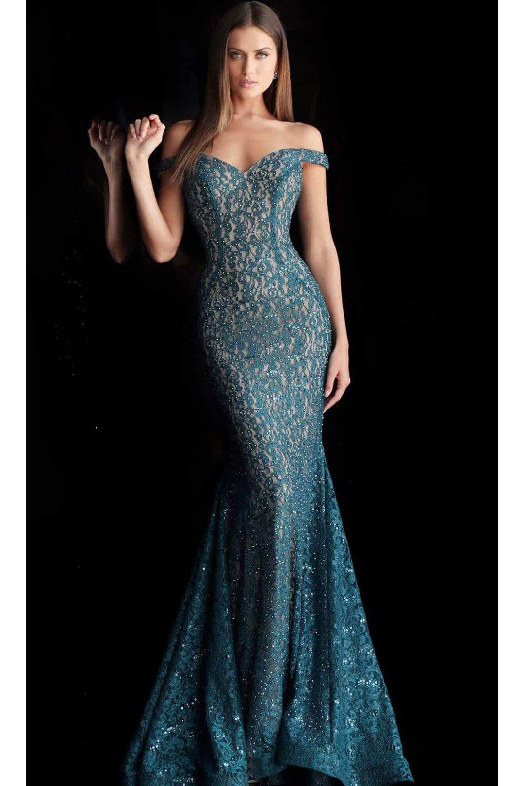 Jovani 64521 Mermaid Dress with Lace Off-Shoulder Design and Train - Prom