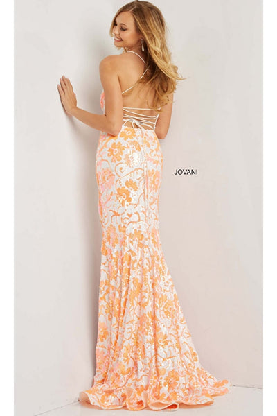Jovani Backless Long Sequin Prom Dress 08255 - Ivory/Light Orange / Prom