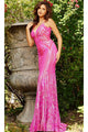Jovani Backless Sequin-Print Long Prom Dress 09693 - Hot Pink / Apparel & Accessories > Clothing > Dresses