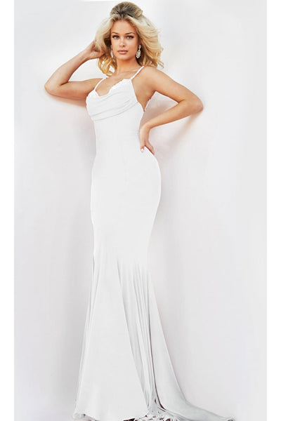 Jovani Beaded Cowl-Neck Long Prom Dress 23201 - Off-White / Apparel & Accessories > Clothing > Dresses