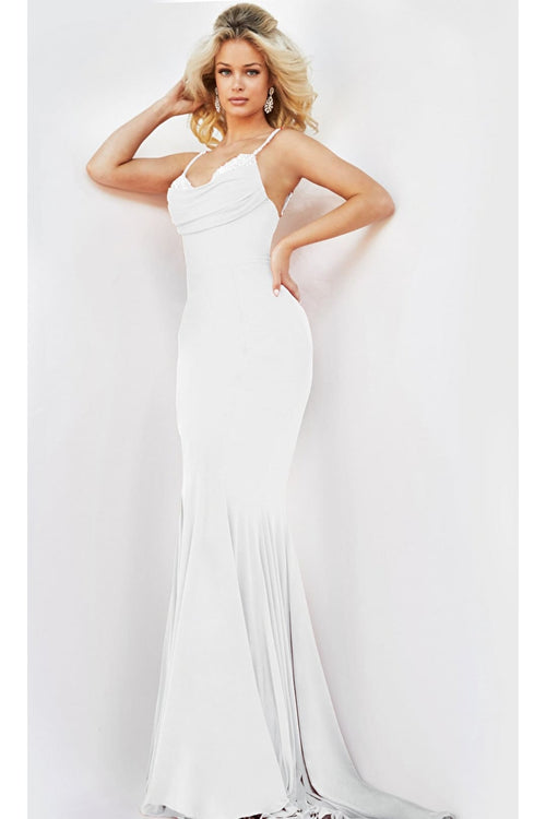 Jovani Beaded Cowl-Neck Long Prom Dress 23201 - Off-White / Apparel & Accessories > Clothing > Dresses