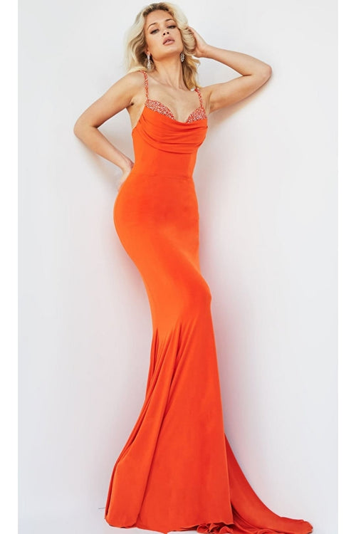 Jovani Beaded Cowl-Neck Long Prom Dress 23201 - Orange / Apparel & Accessories > Clothing > Dresses