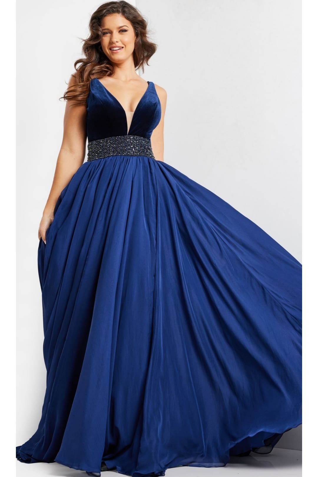 Jovani Belted Long Chiffon Prom Ball Gown 26201 - Navy / Prom
