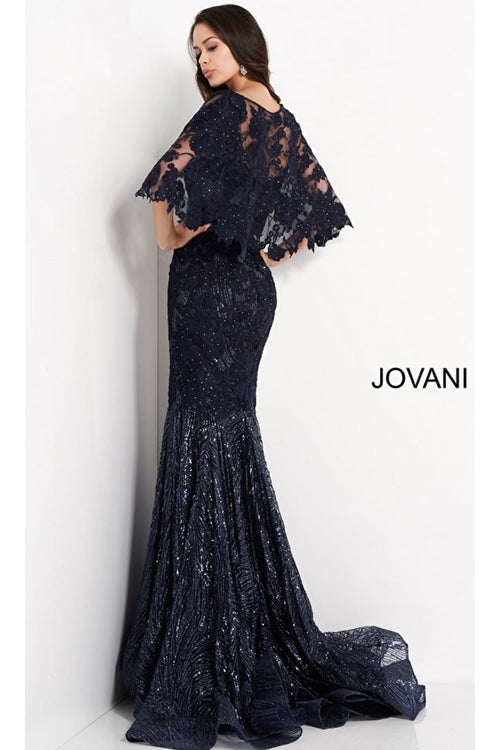 Jovani Caped Long Sequin-Lace Prom Dress 03158 - Prom