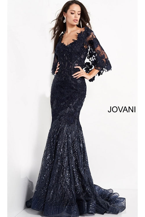 Jovani Caped Long Sequin-Lace Prom Dress 03158 - Navy / Prom