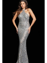 Jovani Collar Long Silver Sequin Prom Dress 23652