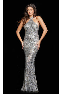 Jovani Collar Long Silver Sequin Prom Dress 23652 - Prom