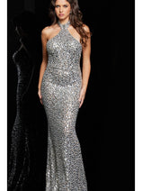 Jovani Collar Long Silver Sequin Prom Dress 23652