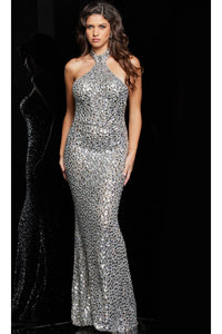 Jovani Collar Long Silver Sequin Prom Dress 23652 - Prom