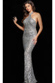 Jovani Collar Long Silver Sequin Prom Dress 23652 - Silver/Nude / Prom