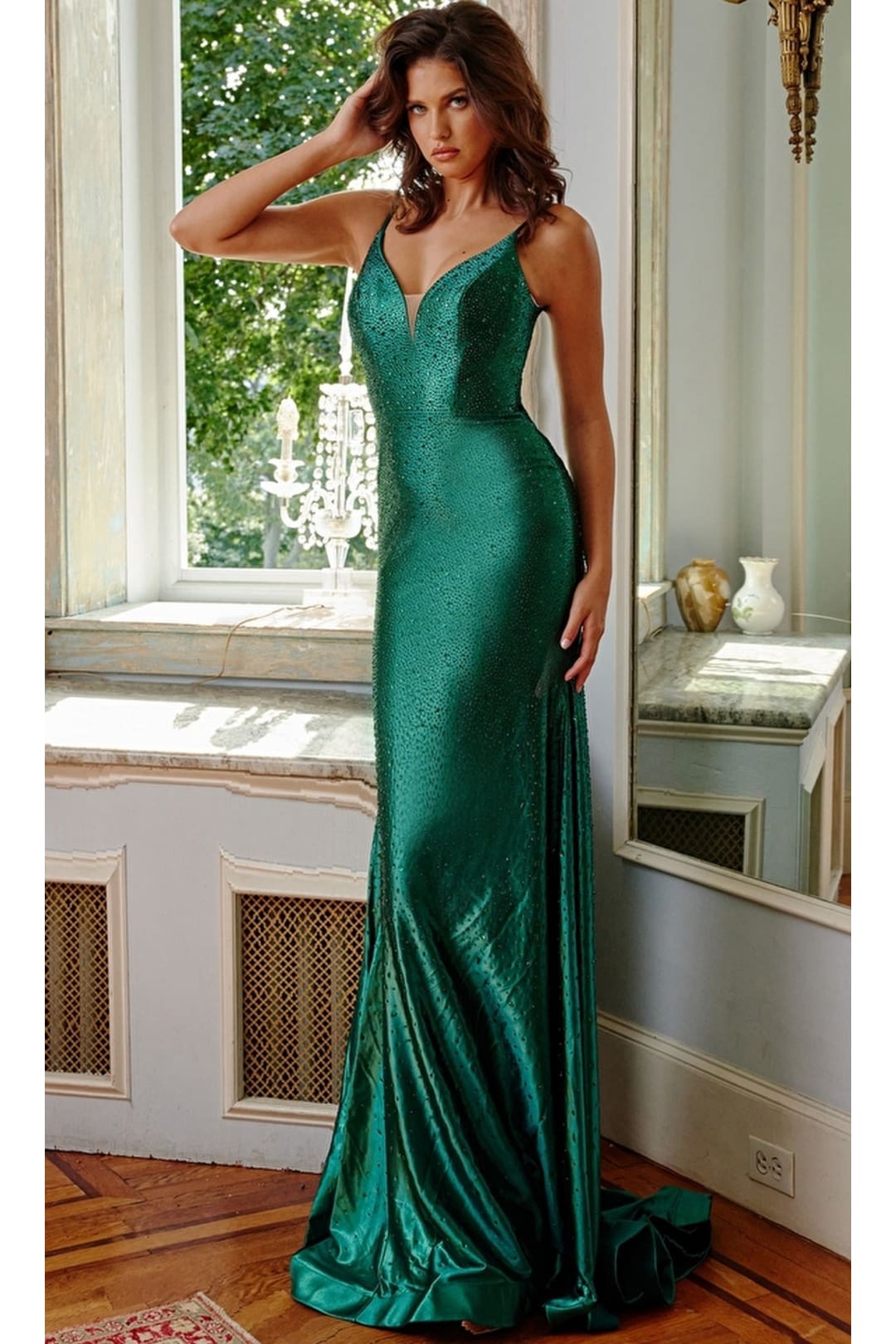 Jovani Cut-Out-Back Long Beaded Prom Dress 08157 - Emerald / Prom