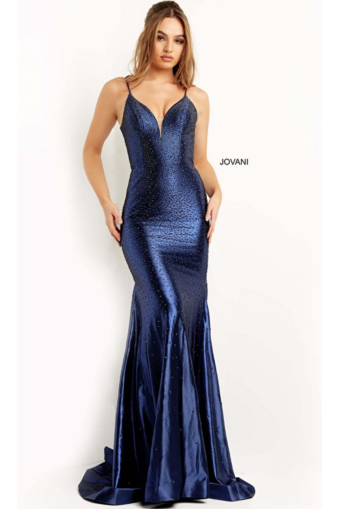 Jovani Cut-Out-Back Long Beaded Prom Dress 08157 - Navy / Prom